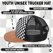 Load image into Gallery viewer, Flat Brim Trucker Hat - Checker/Faux Leather Brim