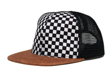 Load image into Gallery viewer, Flat Brim Trucker Hat - Checker/Faux Leather Brim
