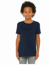 Load image into Gallery viewer, A child model wearing a navy blue short-sleeve t-shirt with a black graphic of the Hollywood sign and palm trees, paired with gray jeans, against a plain white background.