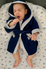 Load image into Gallery viewer, Bath, Beach or Pool Robe in Navy with Stripe Trim