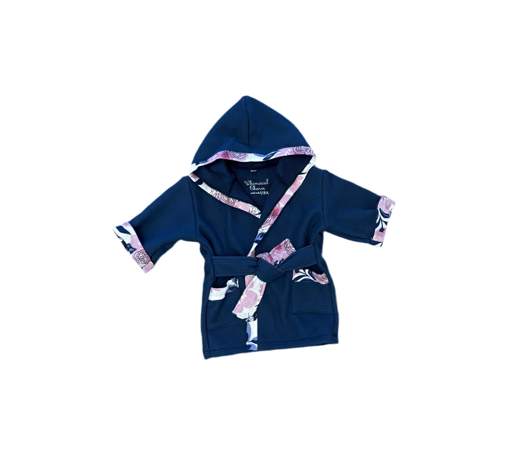 Bath, Beach or Pool Robe in Navy with Lilac Floral Trim