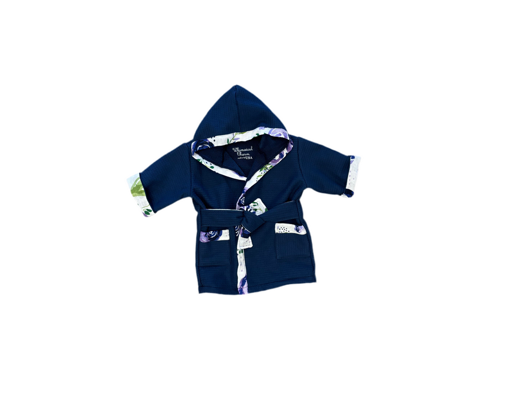Bath, Beach or Pool Robe in Navy with Boysenberry Floral Trim