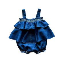 Load image into Gallery viewer, Denim Romper with Flounce &amp; Embroidered Smocking for Baby
