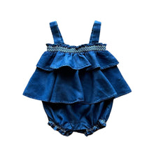 Load image into Gallery viewer, Denim Romper with Flounce &amp; Embroidered Smocking for Baby
