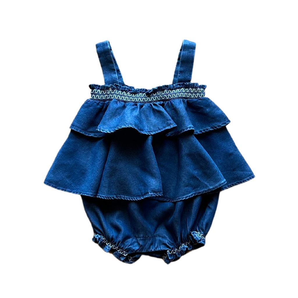 Denim Romper with Flounce & Embroidered Smocking for Baby