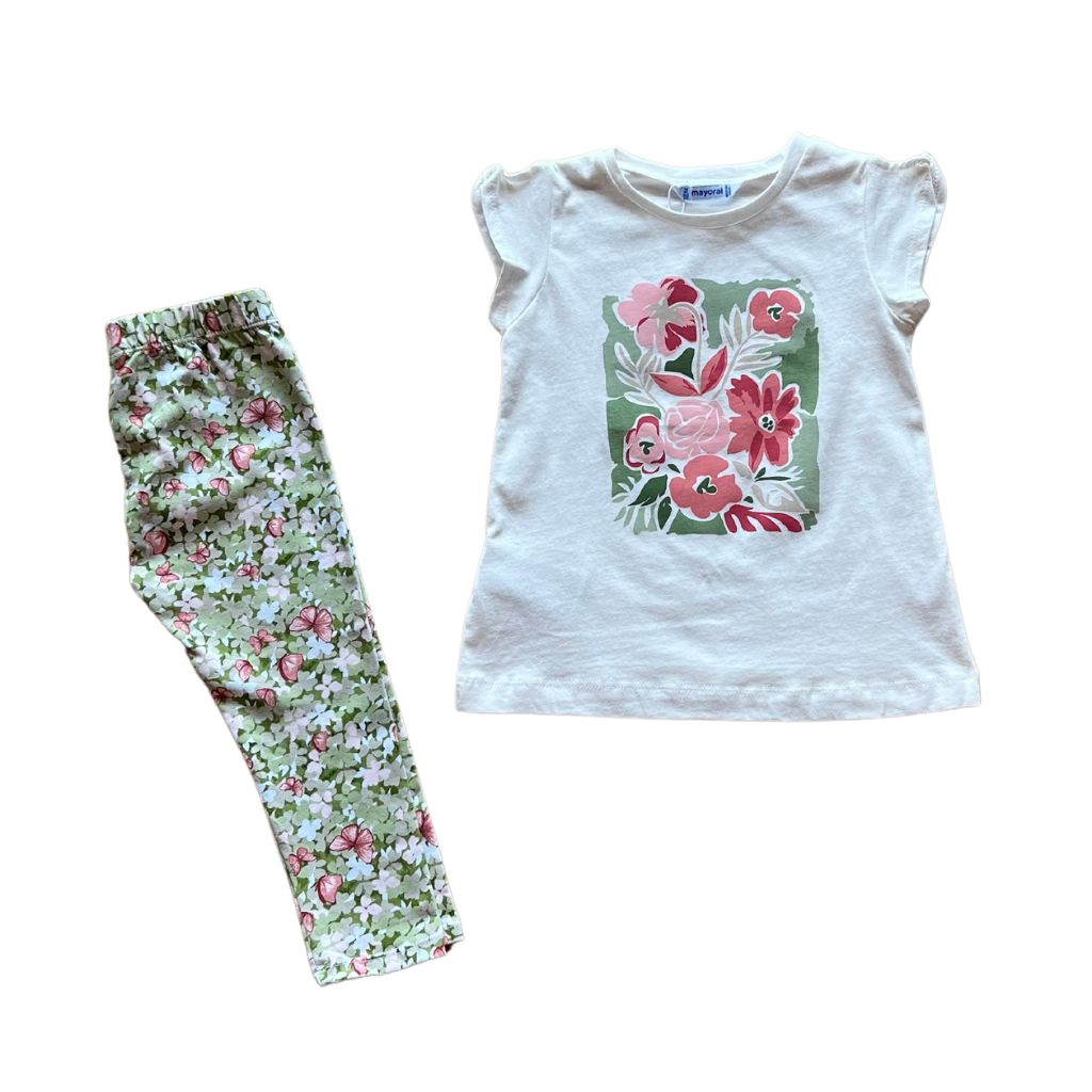 Pink and Green Floral Image Shirt with Butterfly Leggings